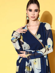 Navy Blue Floral Printed Angrakha Kurta with Palazzos-AHKUPZ-COMBO-568