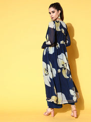 Navy Blue Floral Printed Angrakha Kurta with Palazzos-AHKUPZ-COMBO-568