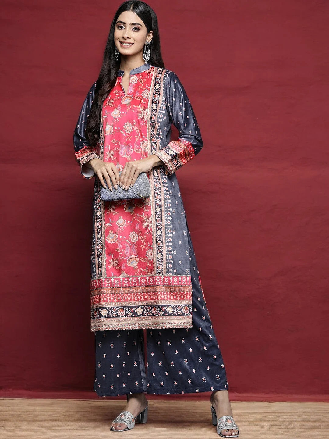 Navy Blue Printed Gotta Patti Velvet Kurta with Palazzos-AHKUPZ-COMBO-573