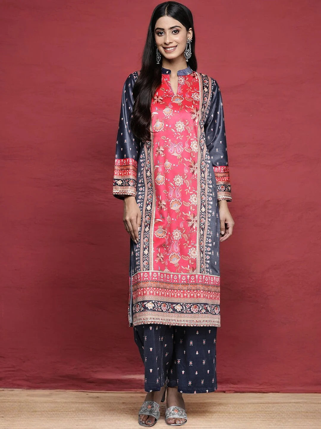 Navy Velvet Kurta Palazzo Pants Set | Indian Women's Fashion