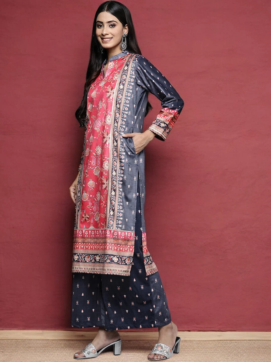 Navy Velvet Kurta Palazzo Pants Set | Indian Women's Fashion