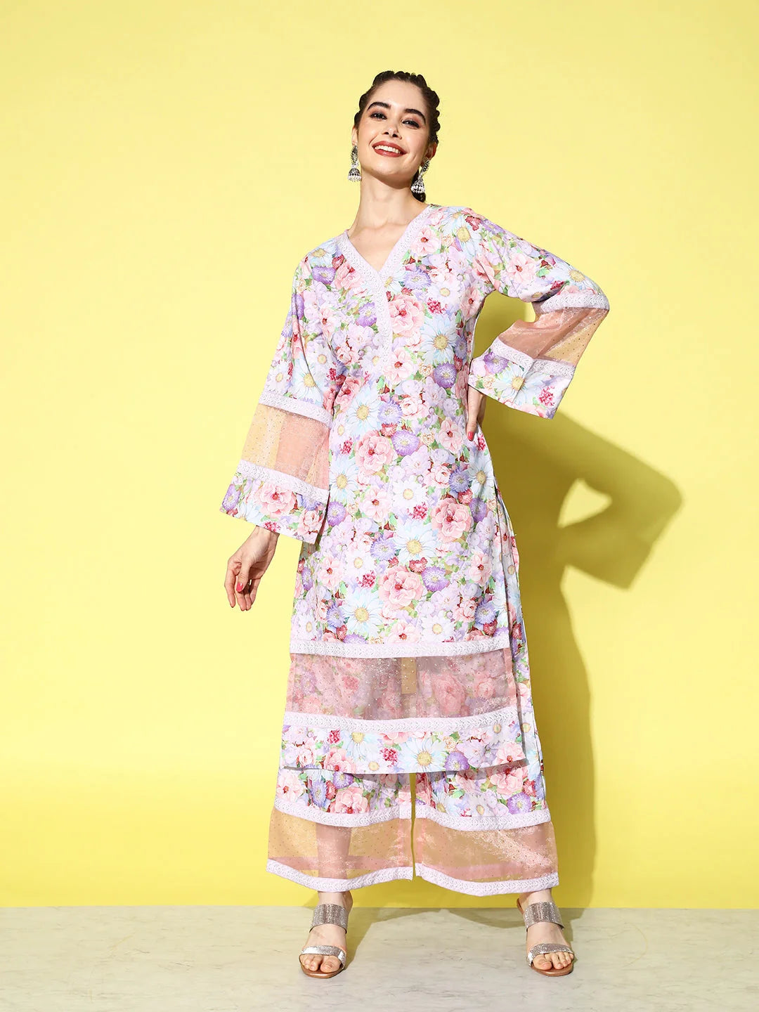 Pink Floral Polyester Kurta and Palazzo Set | Women's Fashion