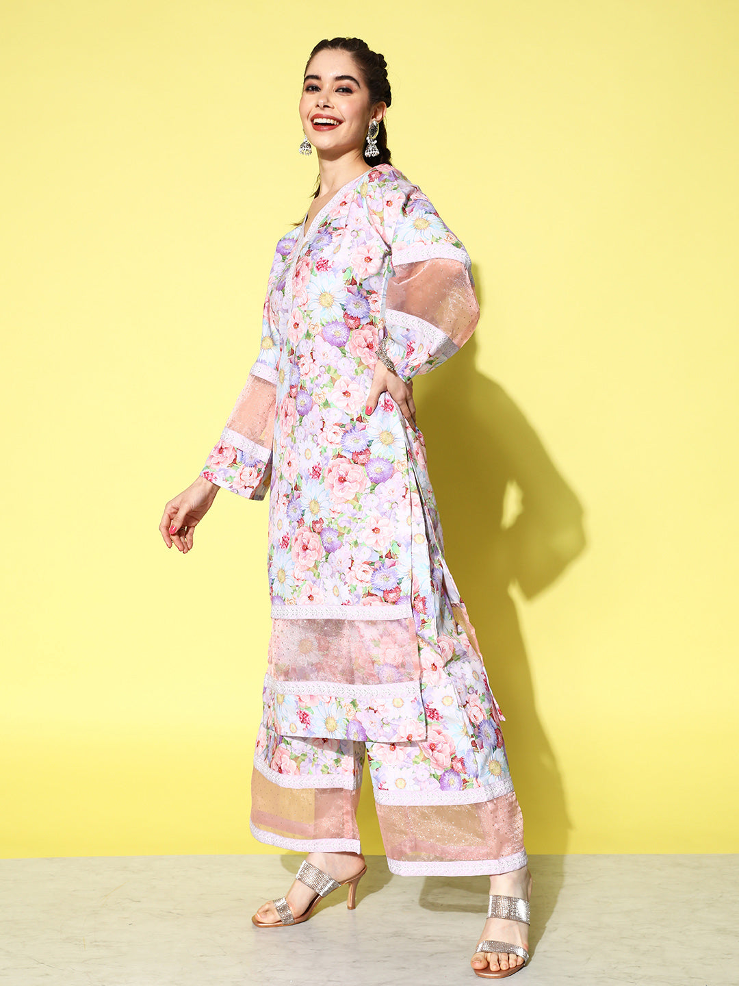 Pink Floral Polyester Kurta and Palazzo Set | Women's Fashion