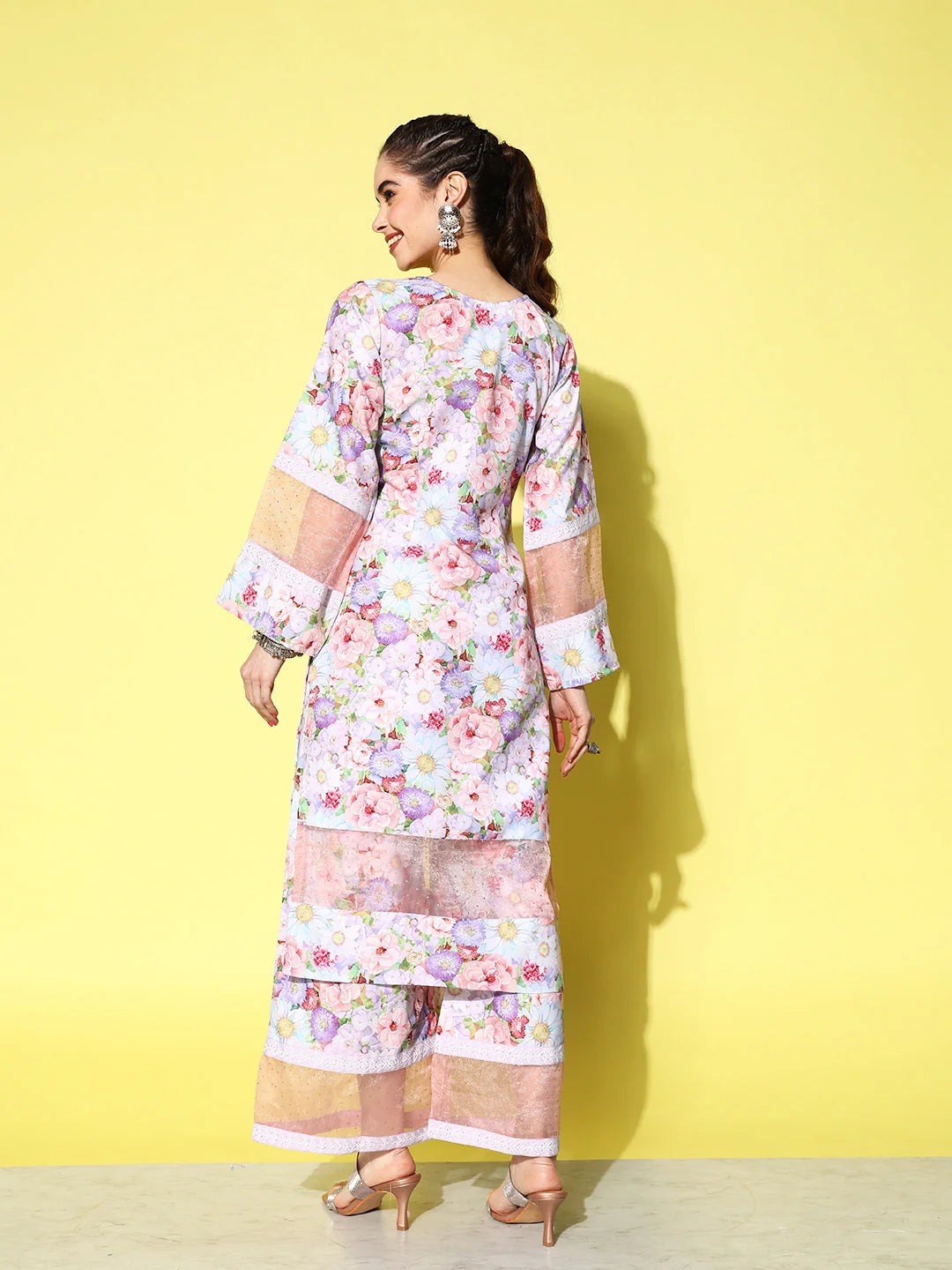 Pink Floral Polyester Kurta and Palazzo Set | Women's Fashion
