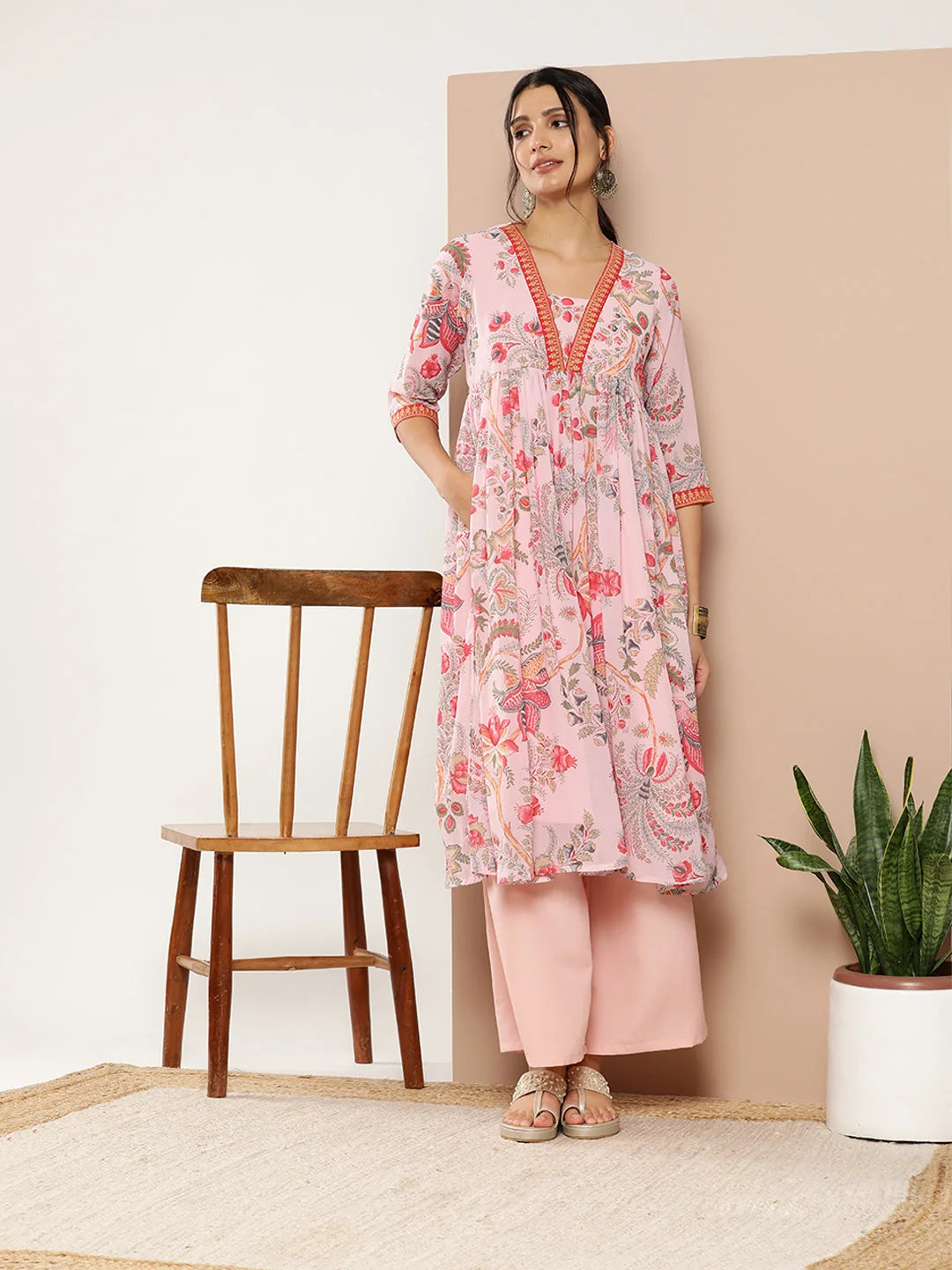 Pink Floral Printed Pleated Kurta with Palazzos 