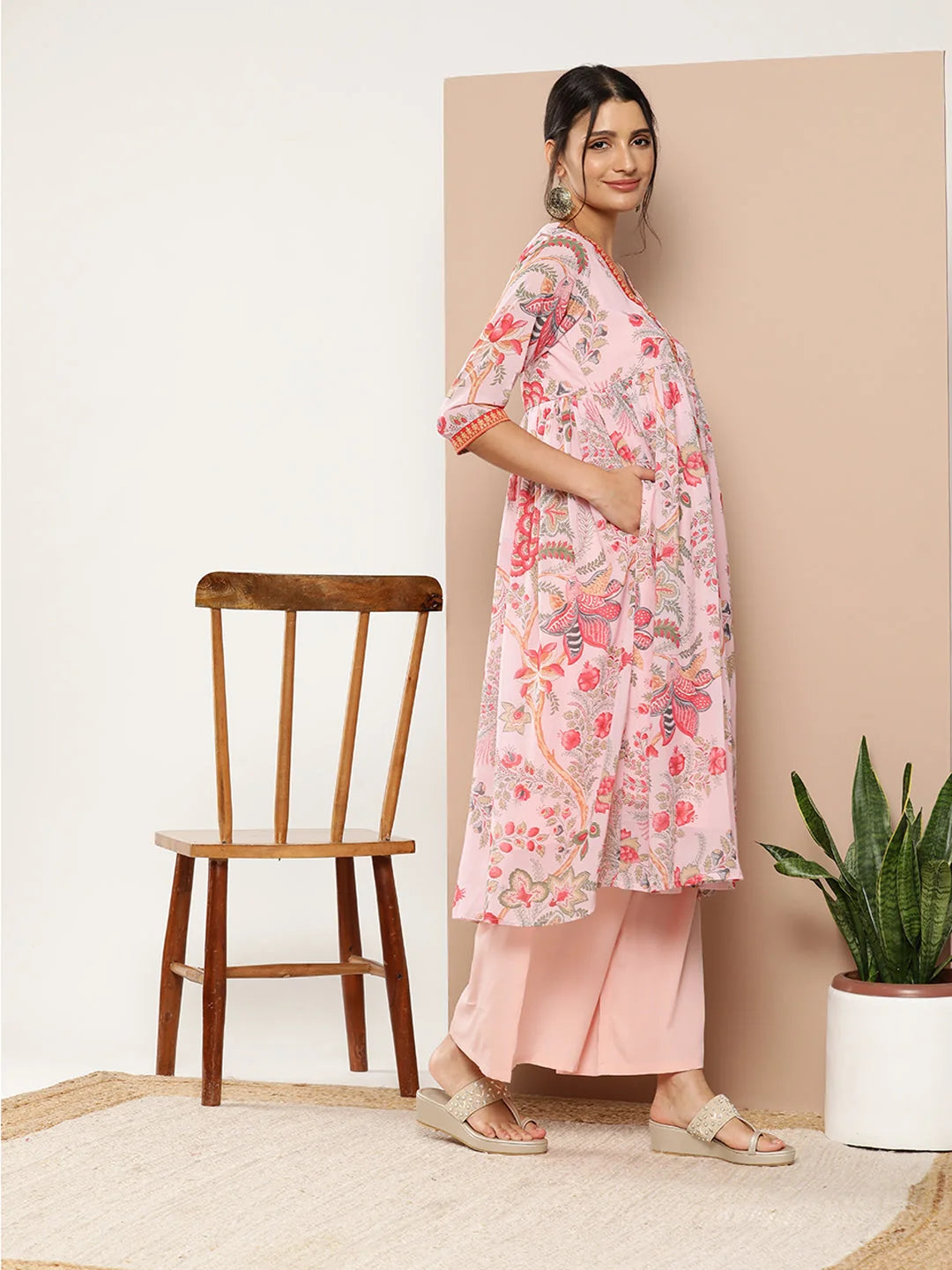 Pink Floral Printed Pleated Kurta with Palazzos 