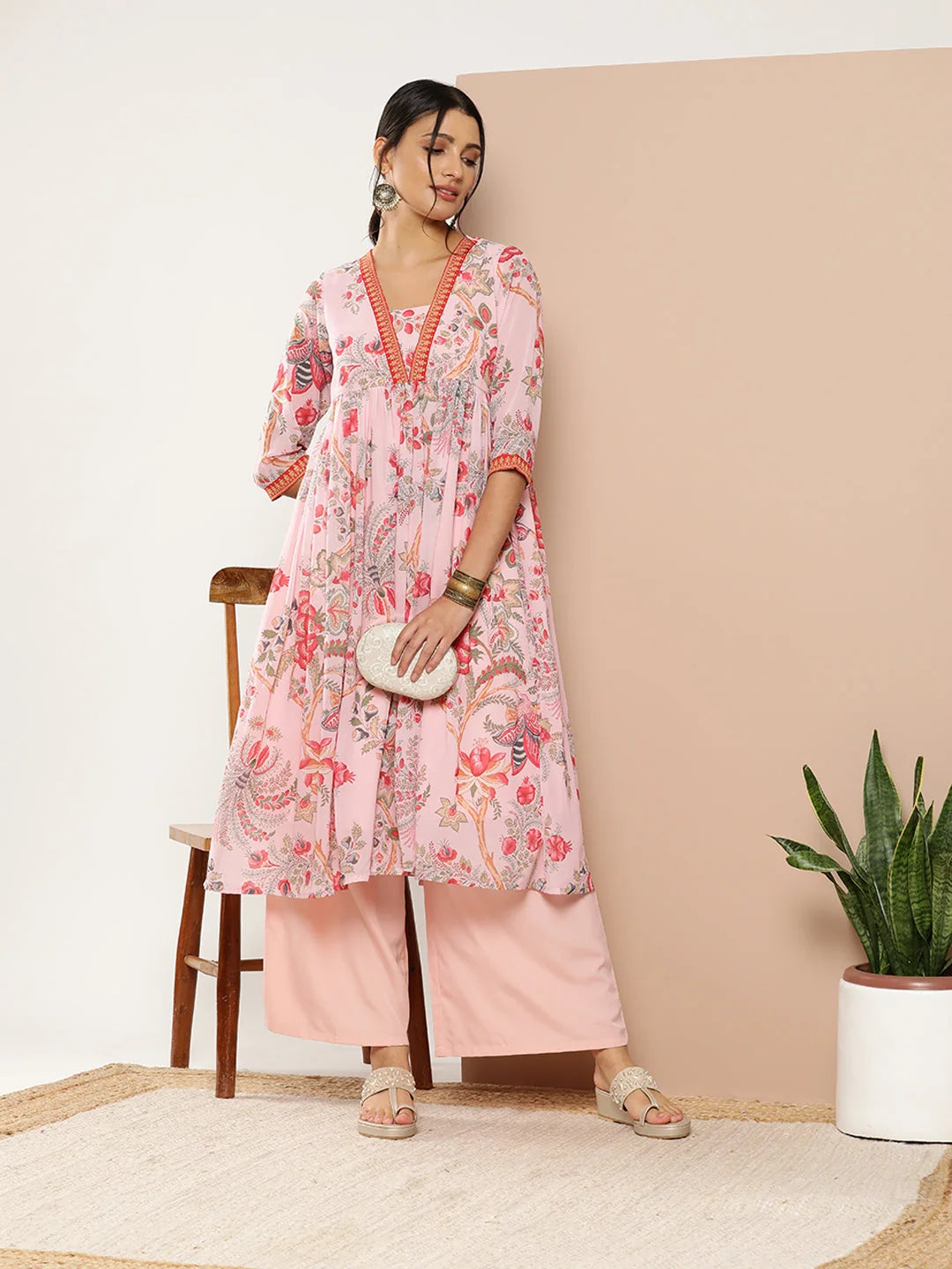 Pink Floral Printed Pleated Kurta with Palazzos 