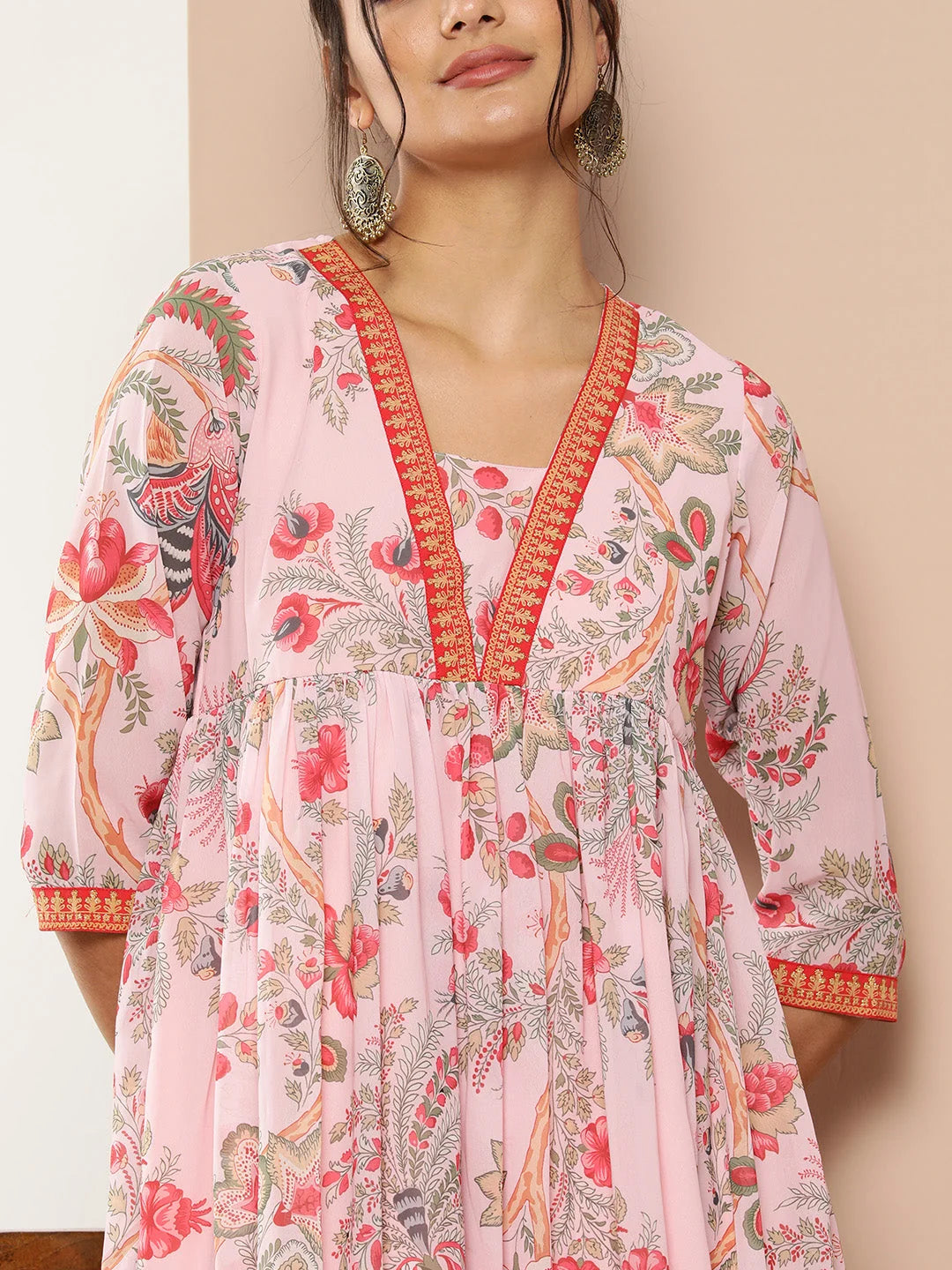 Pink Floral Printed Pleated Kurta with Palazzos 