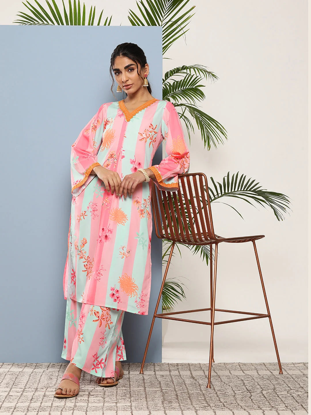 Pink Floral Kurta and Palazzo Set - Gotta Patti Detail