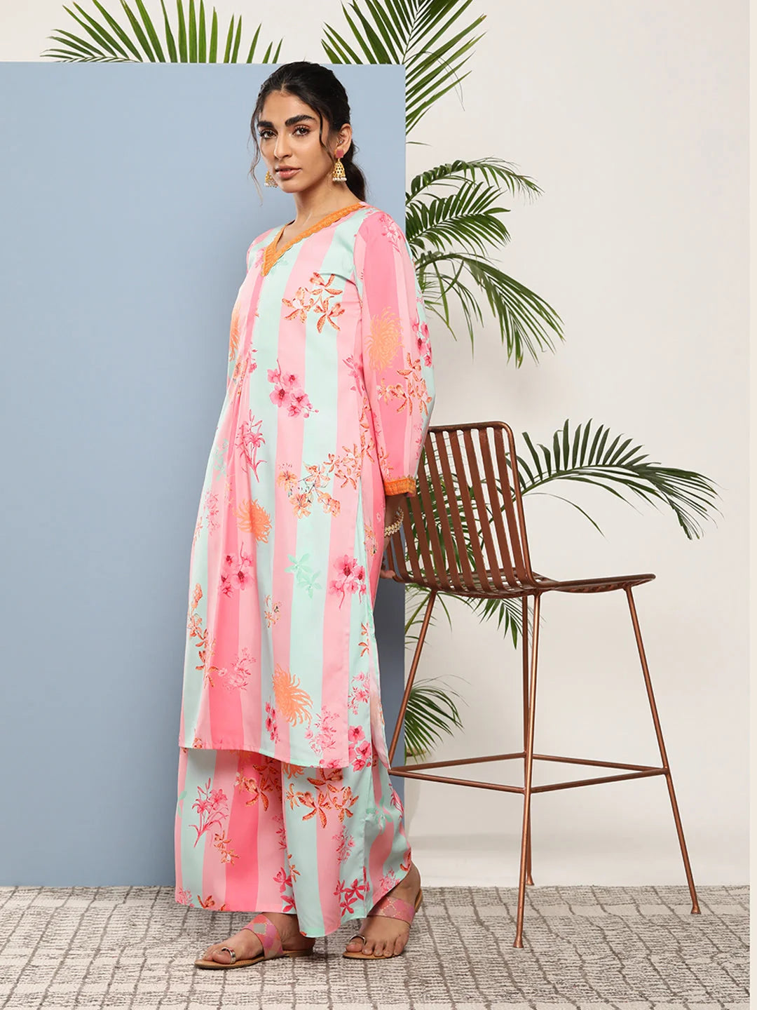 Pink Floral Kurta and Palazzo Set - Gotta Patti Detail
