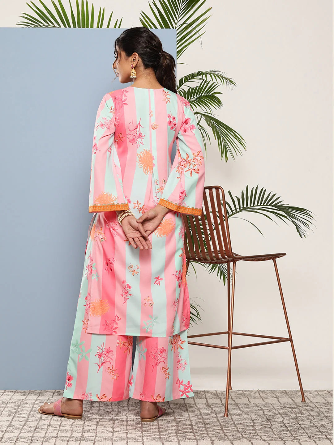 Pink Floral Kurta and Palazzo Set - Gotta Patti Detail