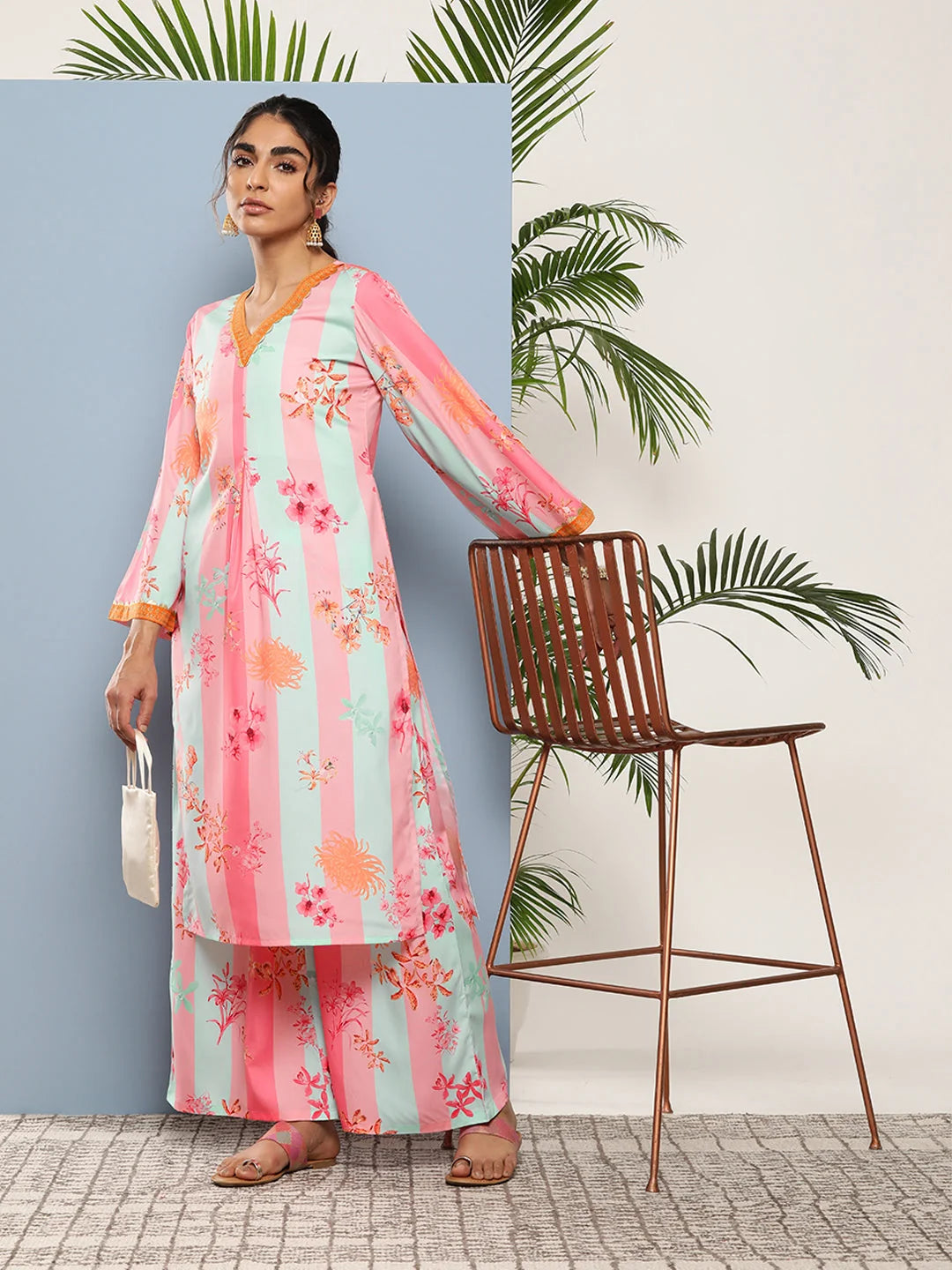 Pink Floral Kurta and Palazzo Set - Gotta Patti Detail