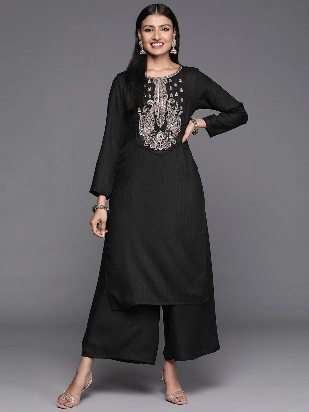 Black Embroidered Aari Work Pashmina Kurta With Palazzos-AHKUPZ-COMBO-633