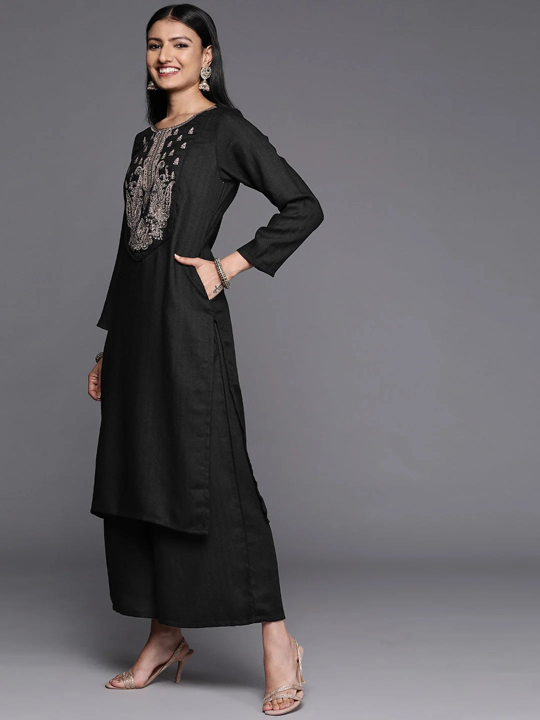 Black Embroidered Kurta Palazzo Set | Aari Work Pashmina Fabric