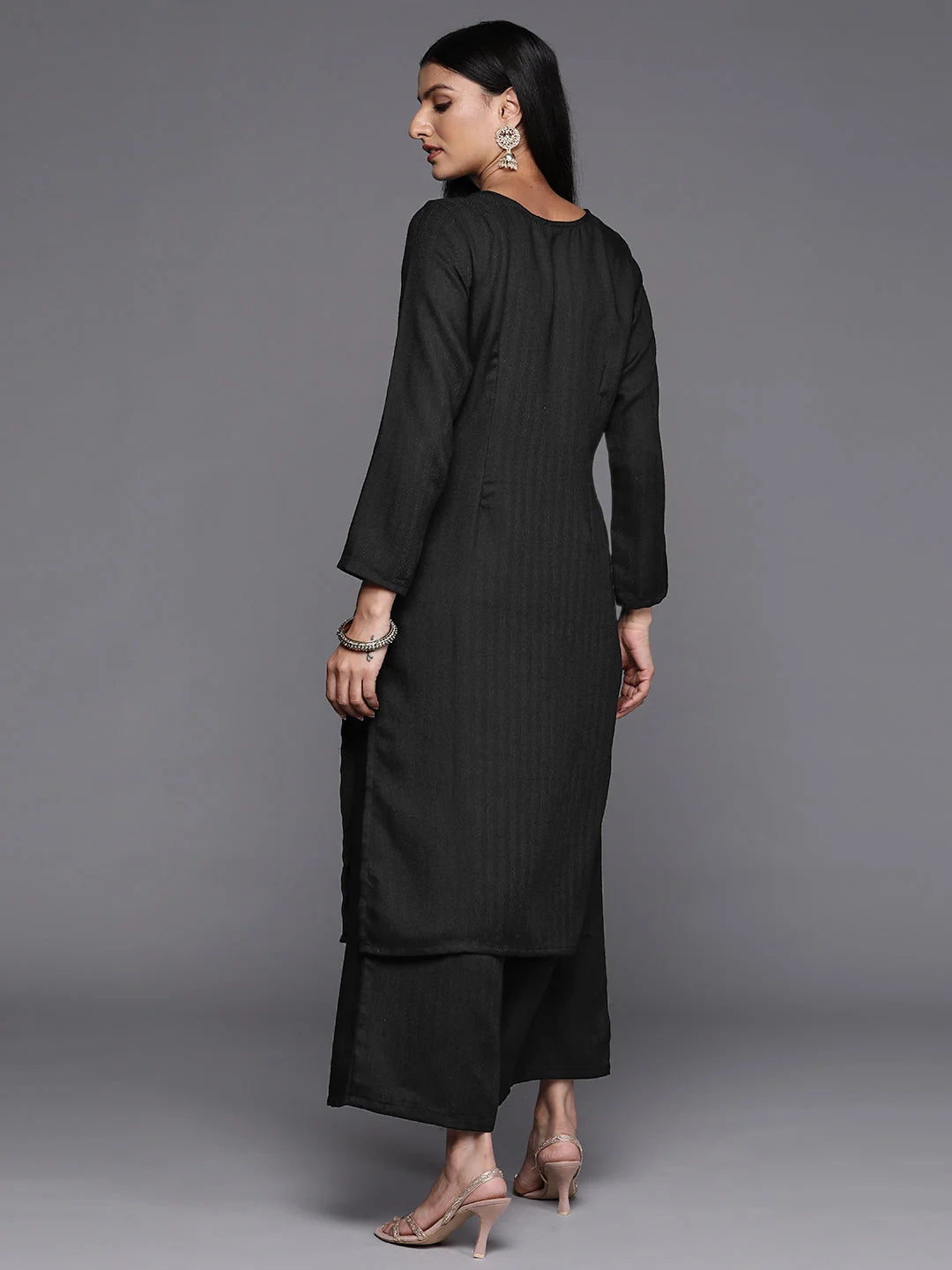 Black Embroidered Kurta Palazzo Set | Aari Work Pashmina Fabric