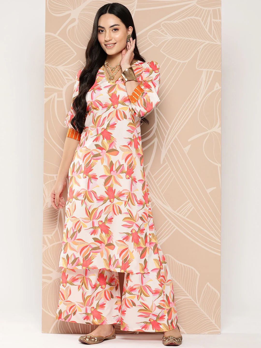 Off White Gotta Patti Kurta and Palazzo Set - Floral Print