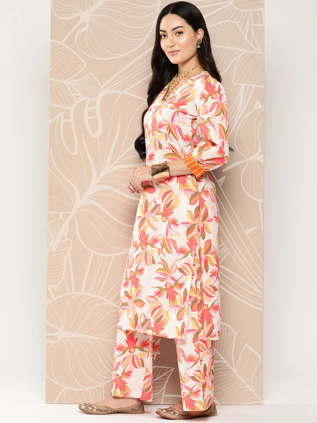 Off White Gotta Patti Kurta and Palazzo Set - Floral Print
