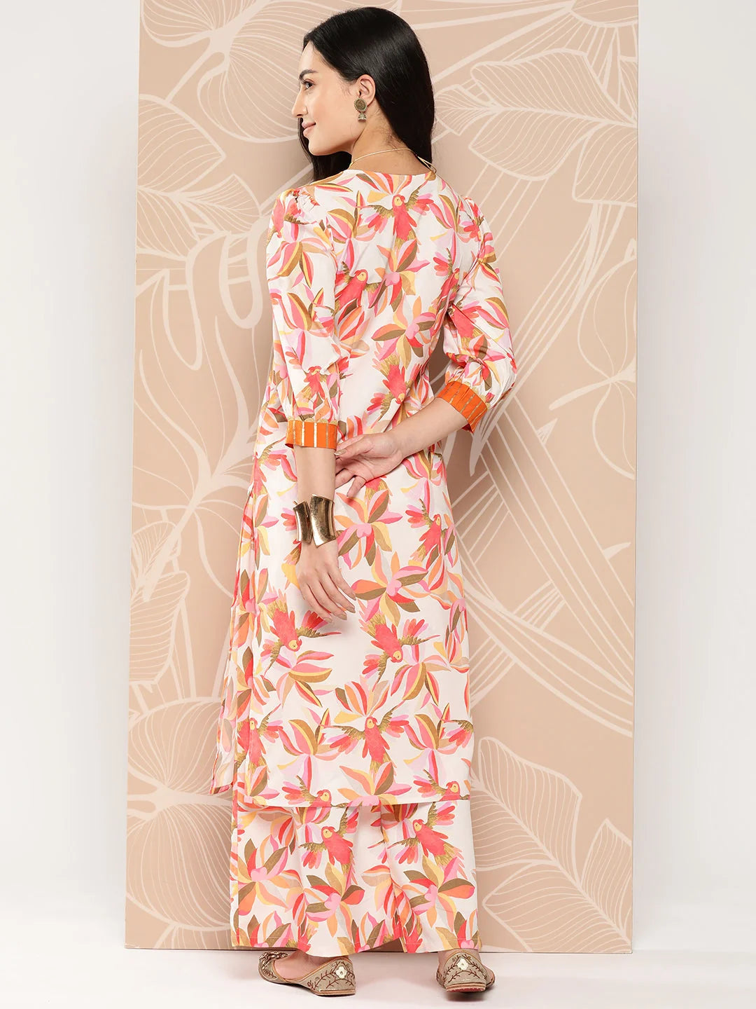 Off White Gotta Patti Kurta and Palazzo Set - Floral Print