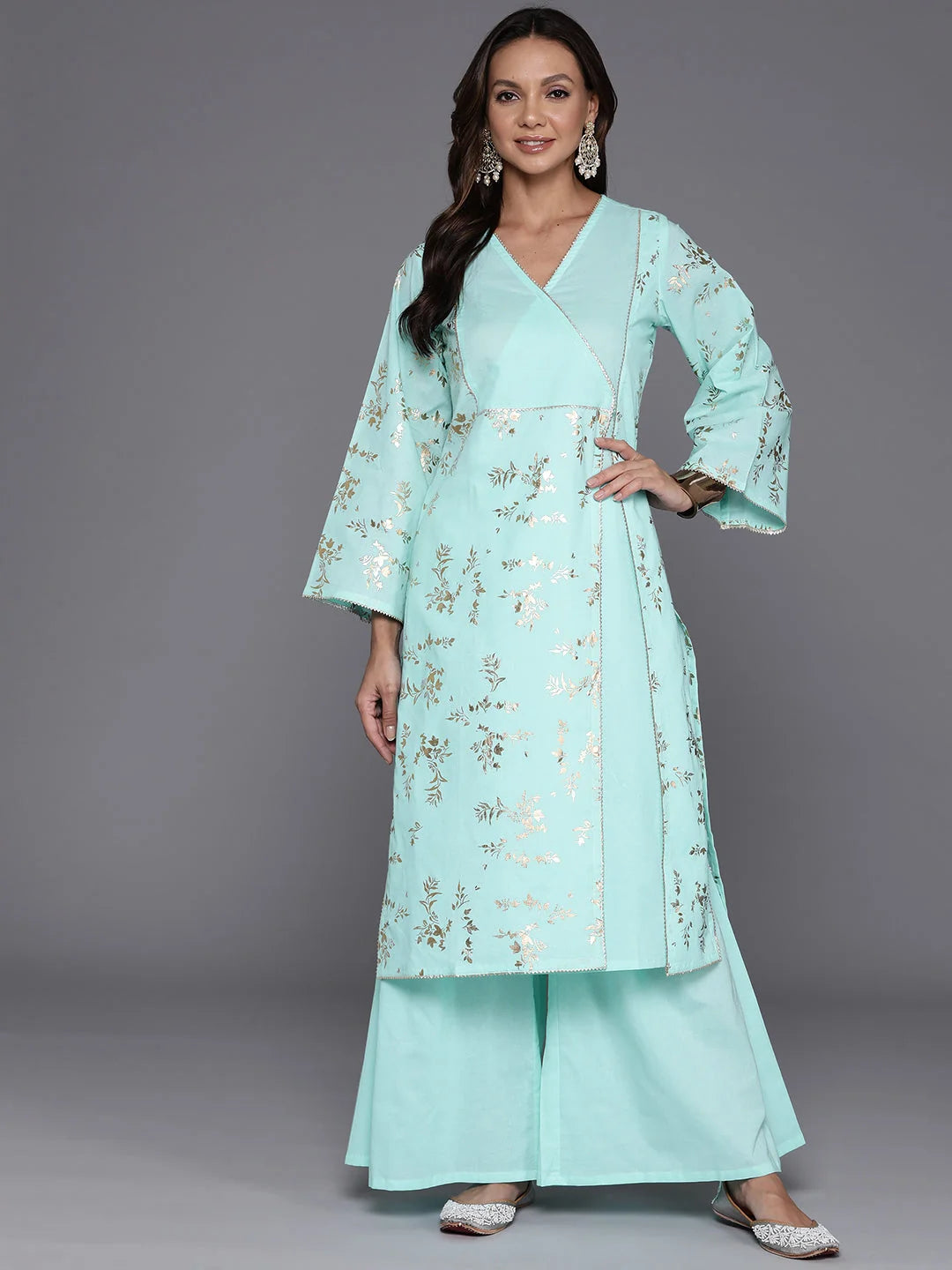 Angrakha Kurta Palazzo Set - Floral Printed Women's Outfit