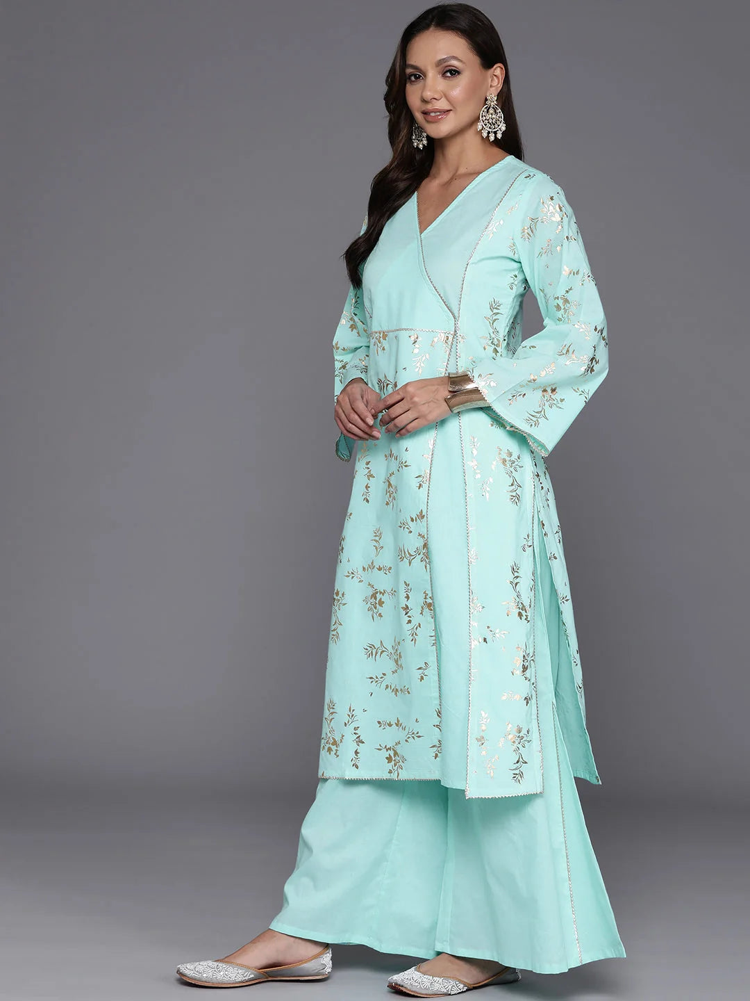 Angrakha Kurta Palazzo Set - Floral Printed Women's Outfit
