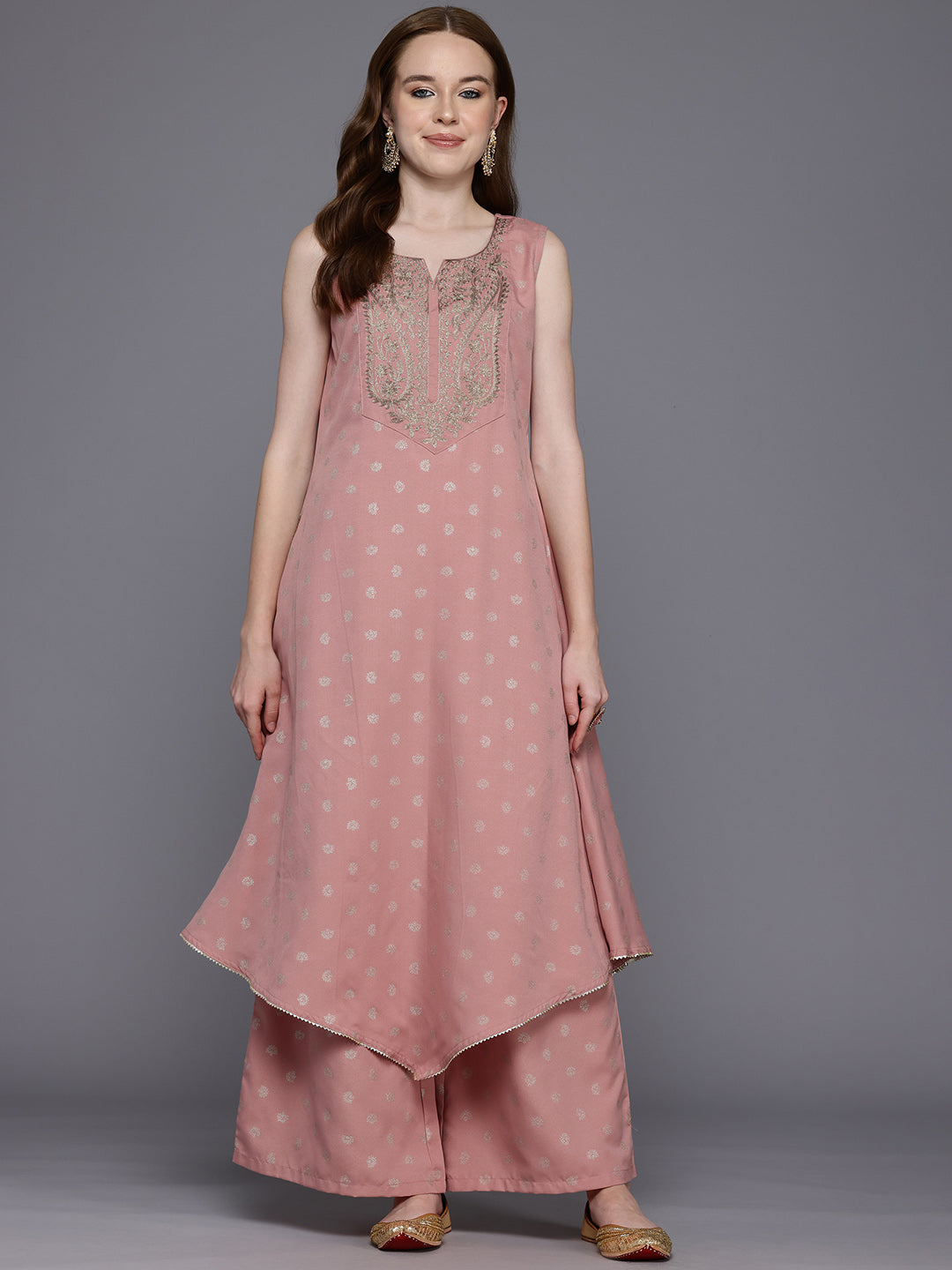 Ethnic Zari Kurta Palazzo Set - Women's Printed Outfit