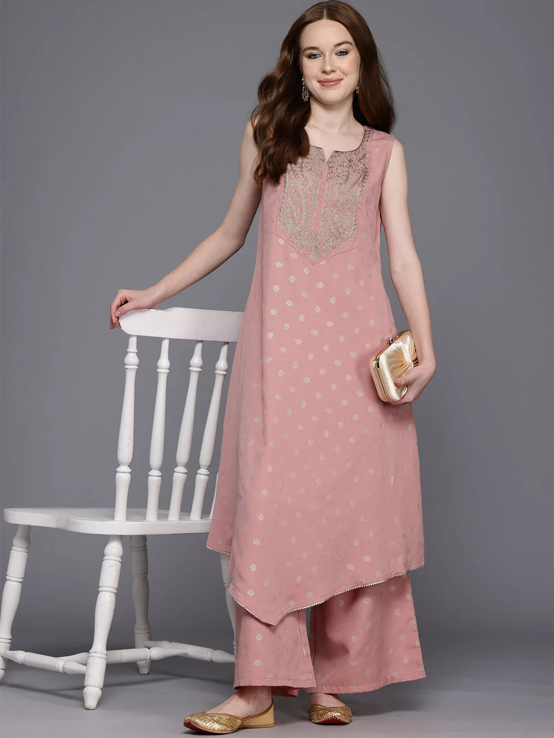 Ethnic Zari Kurta Palazzo Set - Women's Printed Outfit