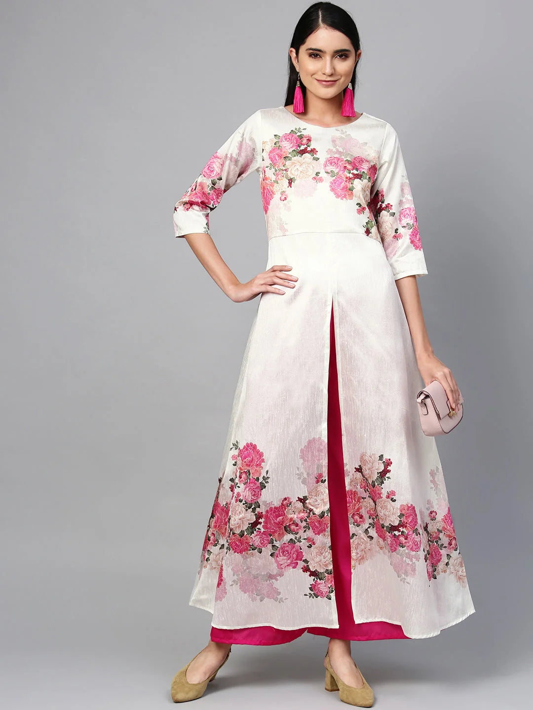 Off-White & Pink Printed Kurta Palazzo Set | Women's Style