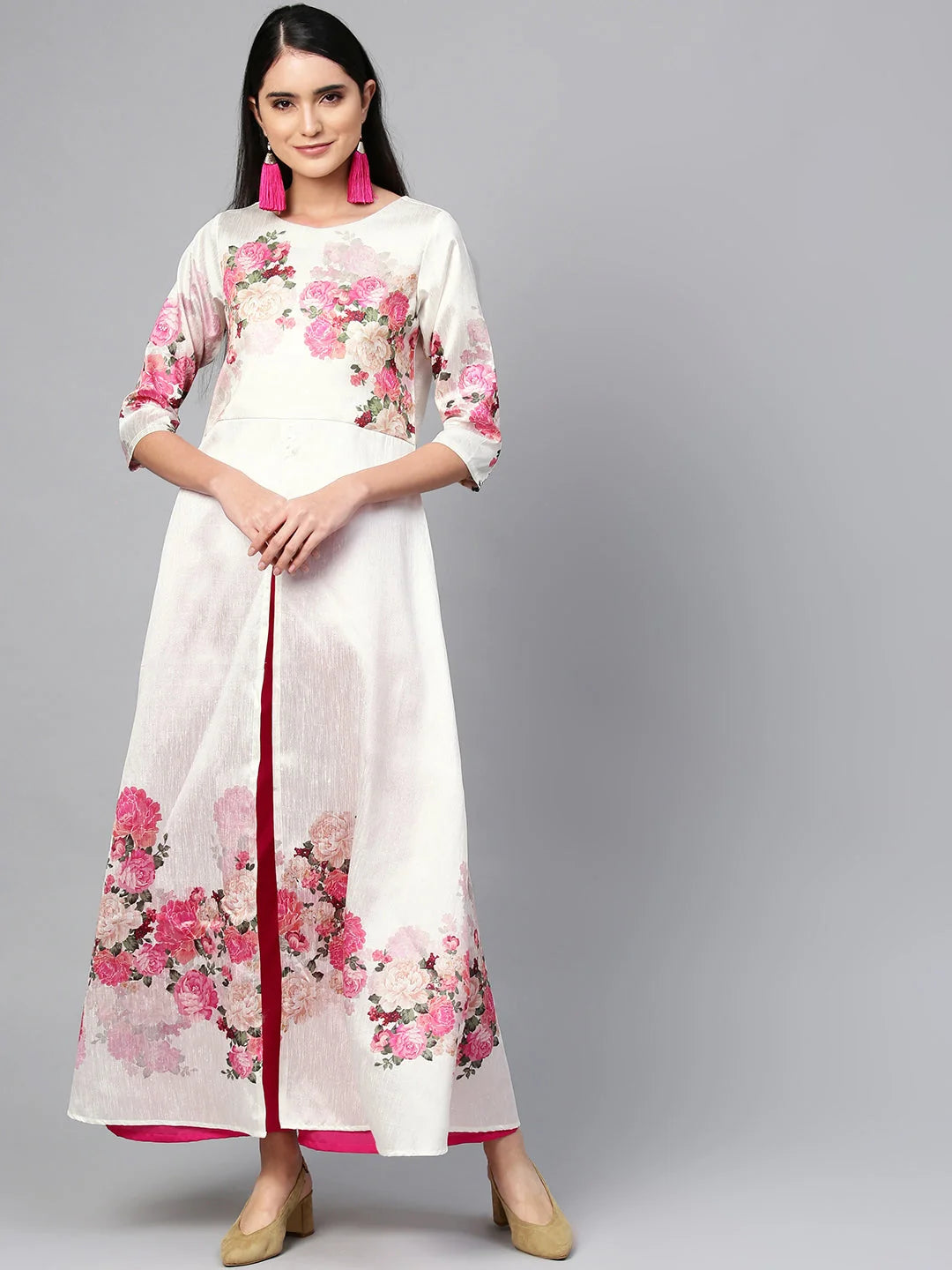 Off-White & Pink Printed Kurta Palazzo Set | Women's Style