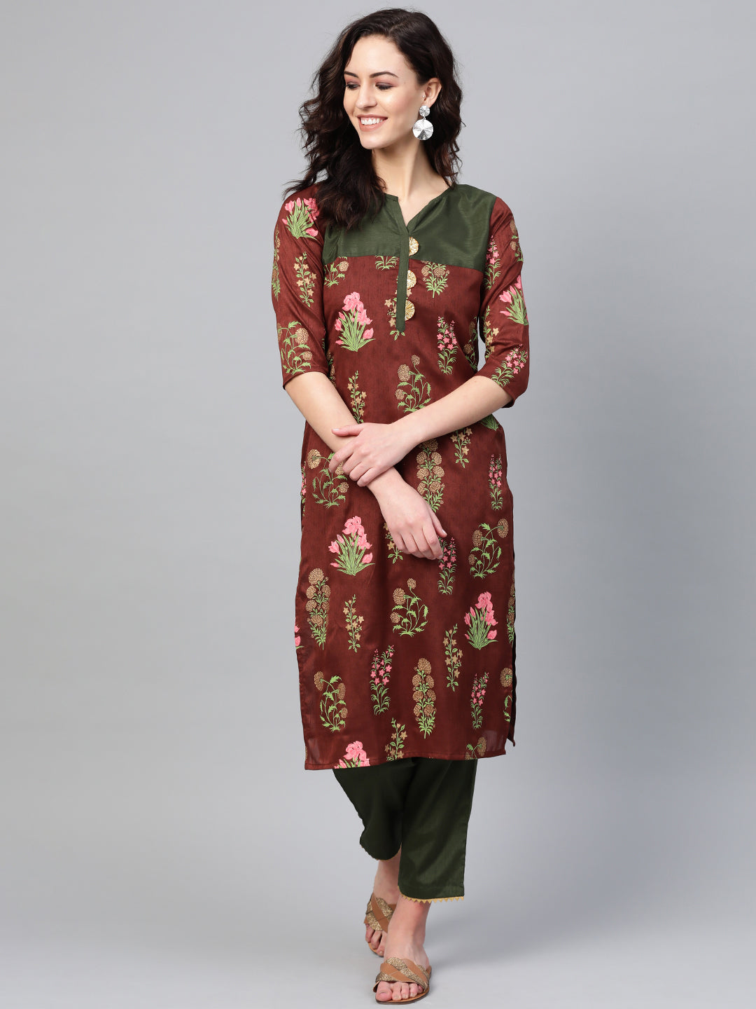 Brown & Olive Printed Kurta Palazzo Set | Women's Fashion