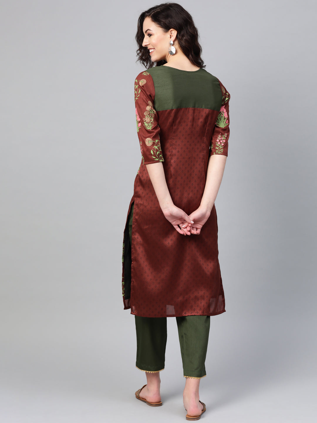 Brown & Olive Printed Kurta Palazzo Set | Women's Fashion