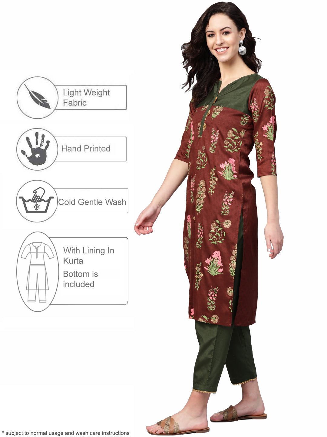 Brown & Olive Printed Kurta Palazzo Set | Women's Fashion