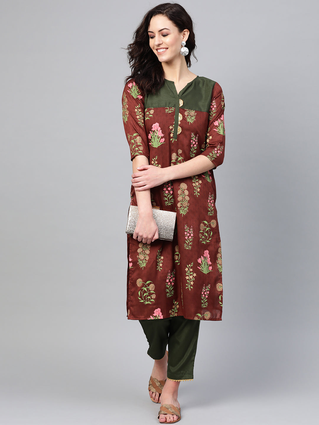 Brown & Olive Printed Kurta Palazzo Set | Women's Fashion