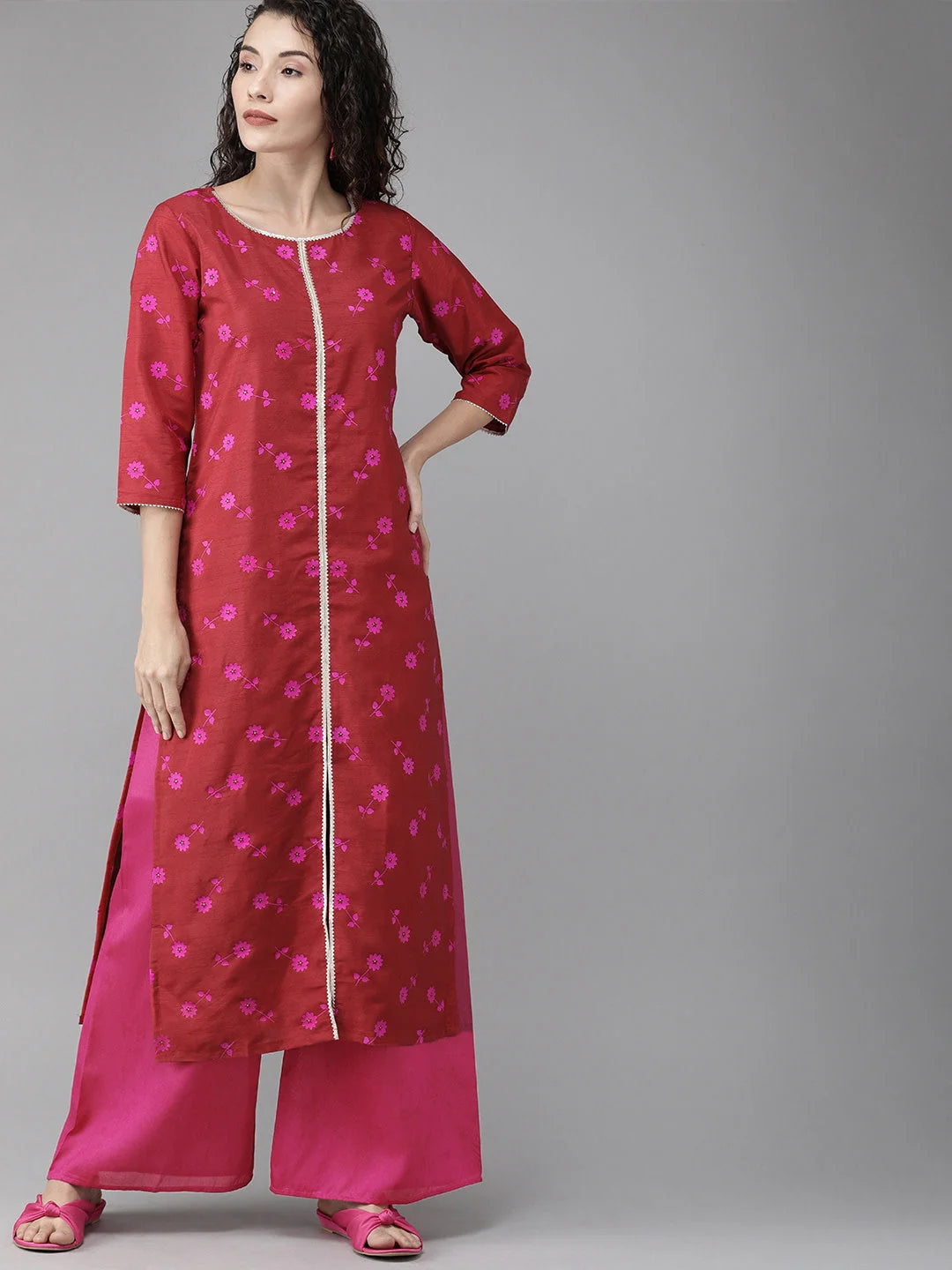 Red Floral Print Kurta Set-AHKUPZ-Combo-237