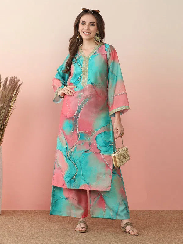 Women's Printed Kurta and Palazzo Set - Comfortable Polyester