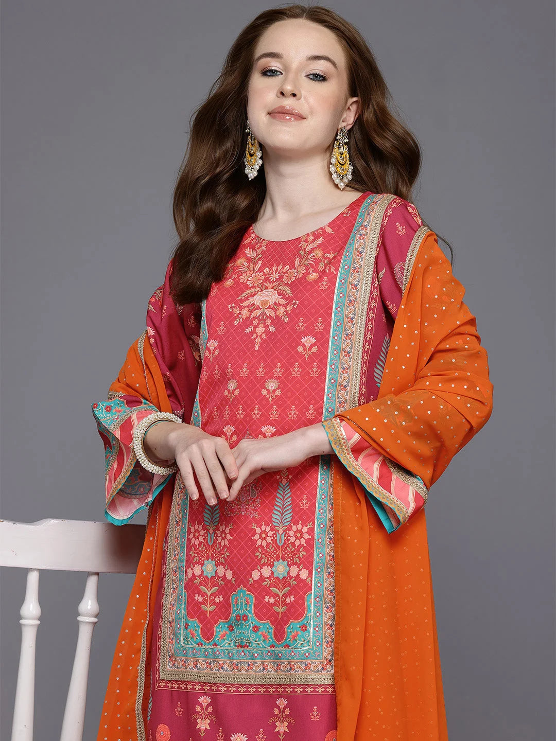 Floral Printed Gotta Patti Kurta With Palazzos & Dupatta-AHKUPZDU-COMBO-1033