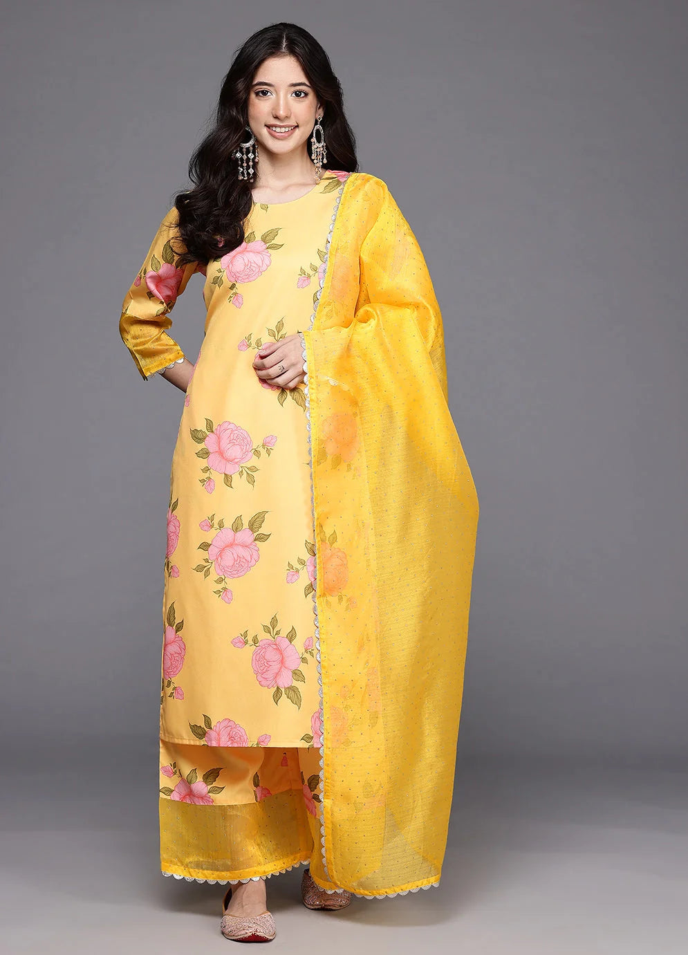 Womens Yellow Crepe Fusion Kurta Sets With Dupatta-AHKUPZDU-COMBO-1123