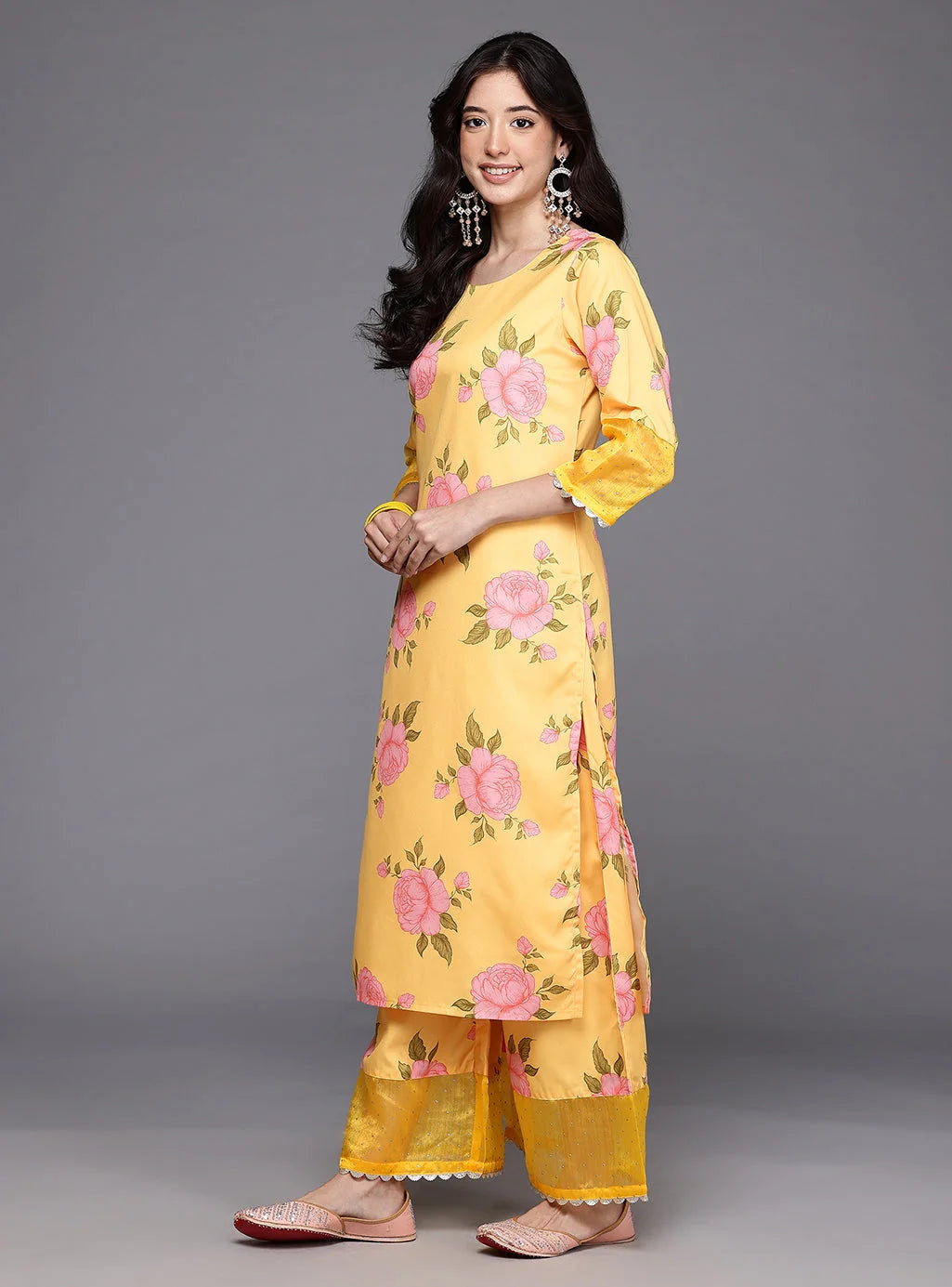 Womens Yellow Crepe Fusion Kurta Sets With Dupatta-AHKUPZDU-COMBO-1123