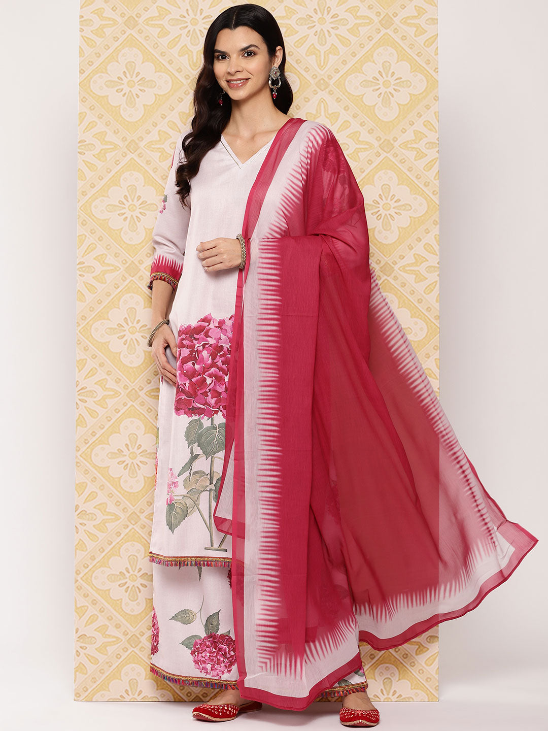 Floral Kurta and Palazzo Set with Dupatta - Cotton Comfort