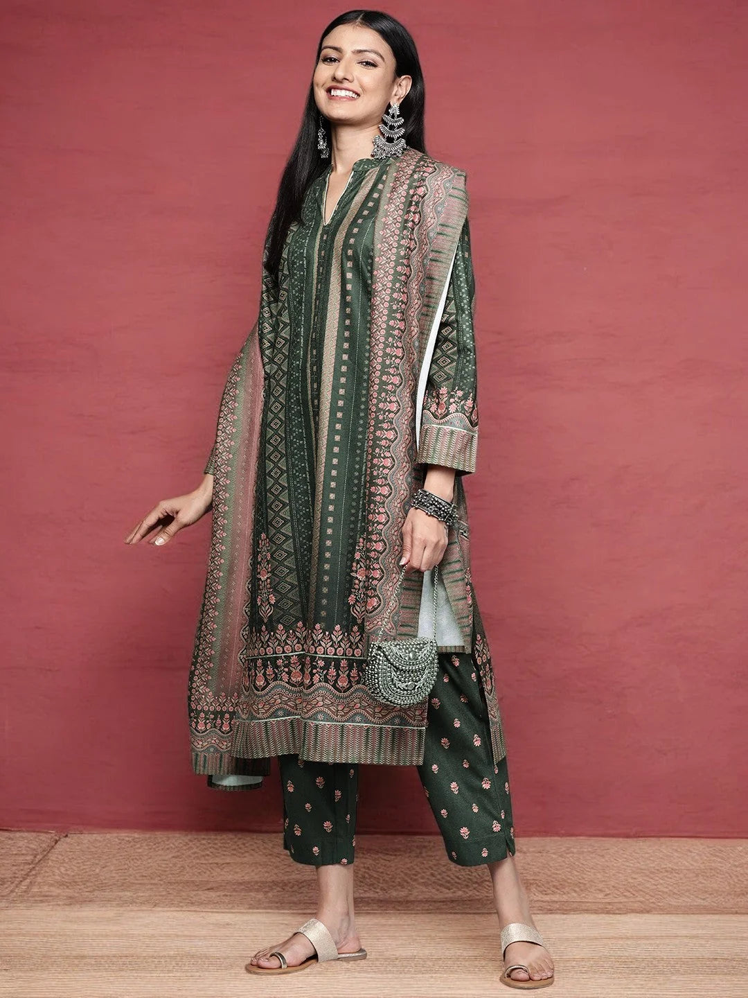 Green Velvet Kurta Set with Dupatta | Indian Women's Kurta
