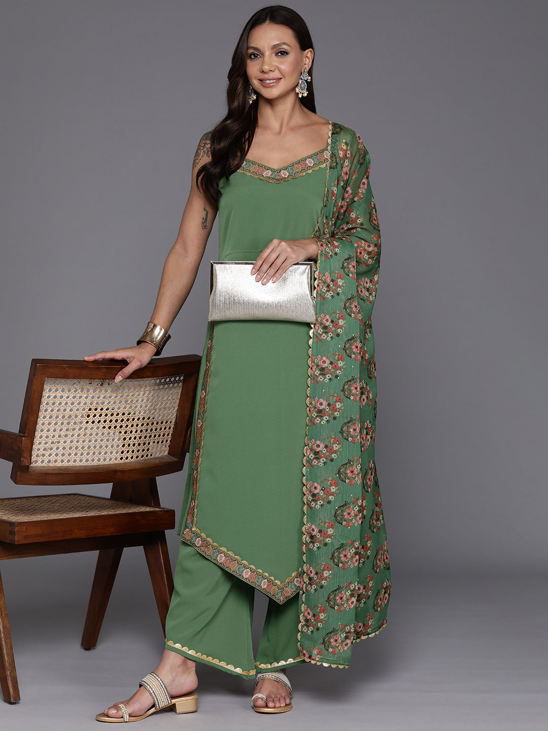Women Floral Yoke Design Panelled Gotta Patti Kurta with Palazzos & With Dupatta-AHKUPZDU-COMBO-936