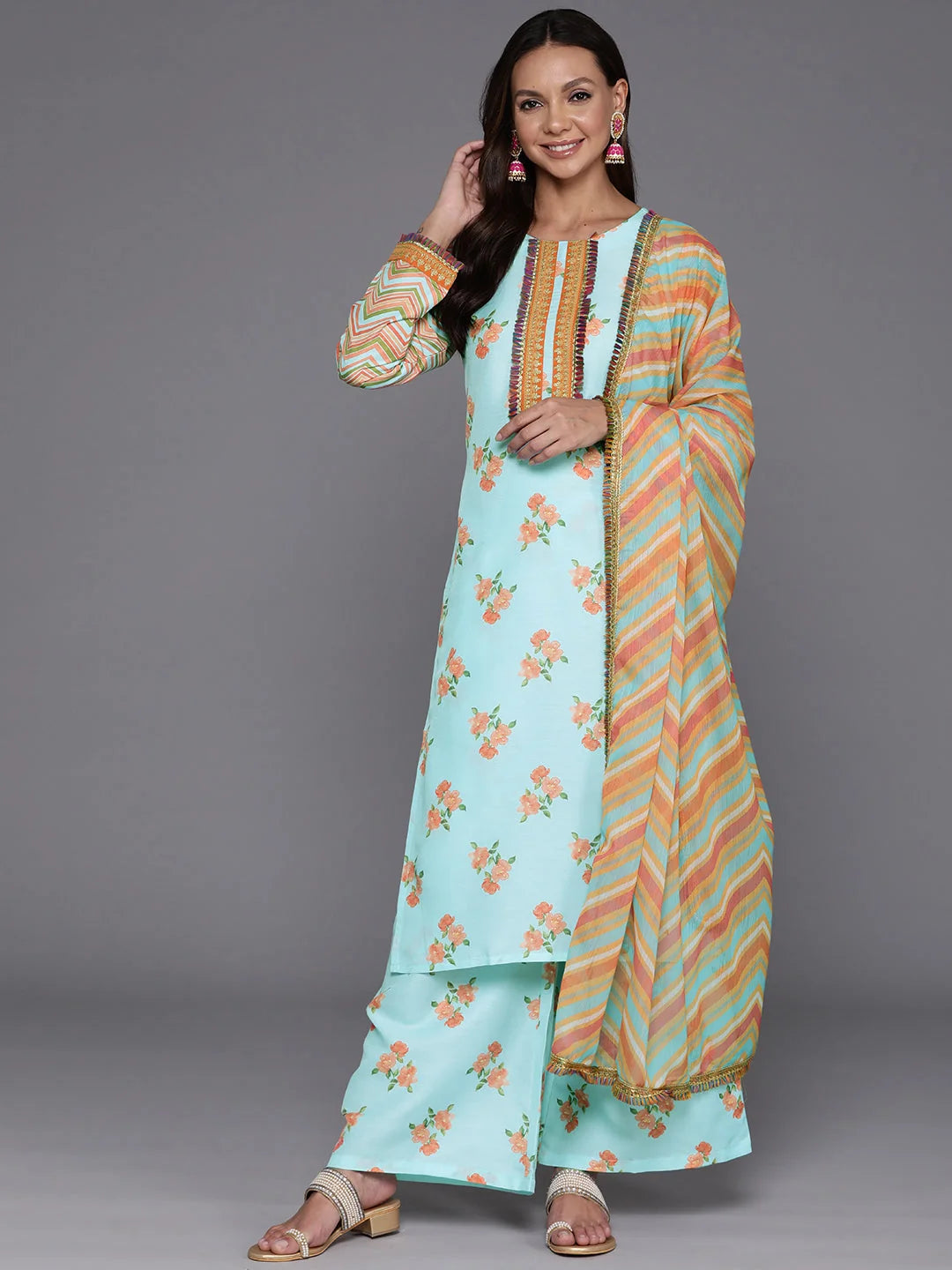 Silk Kurta and Palazzo Set - Floral Print Women's Outfit