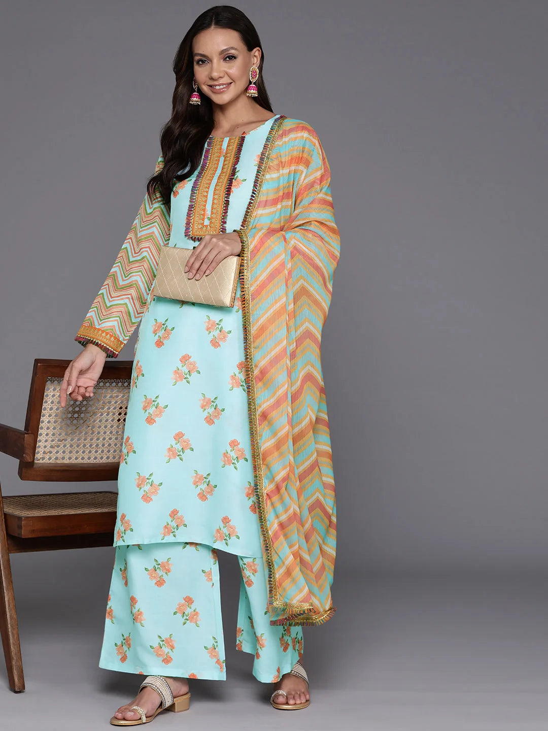 Women Floral Printed Regular Thread Work Kurta with Palazzos & With Dupatta-AHKUPZDU-COMBO-939