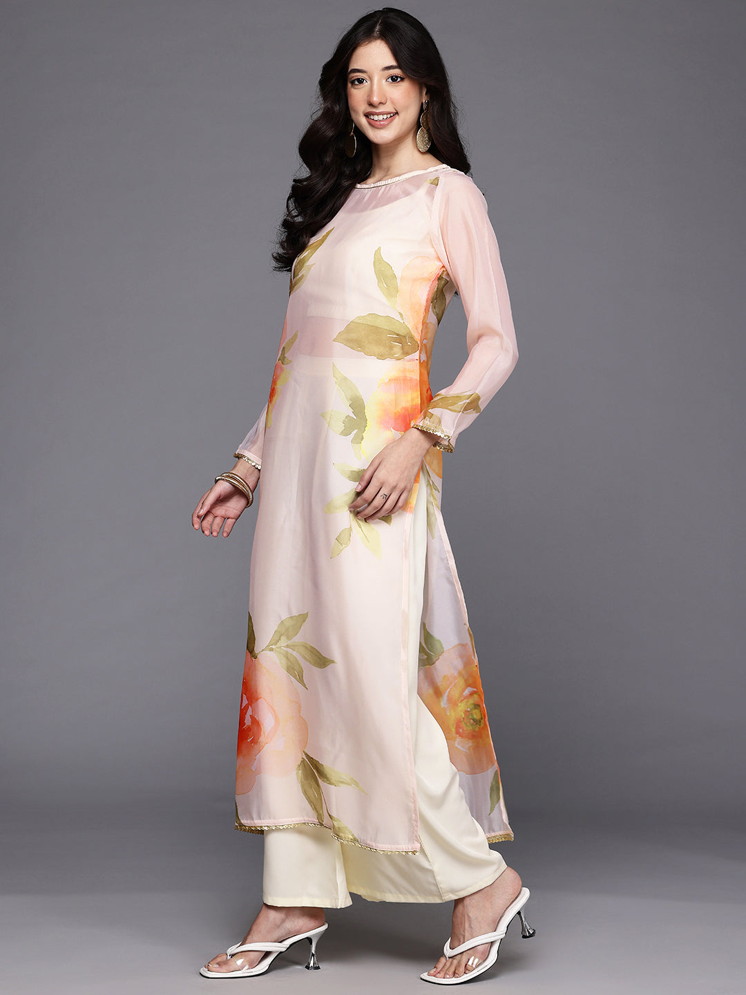 Womens Off White Organza Fusion Kurta Sets-AHKUPZTP-COMBO-1122