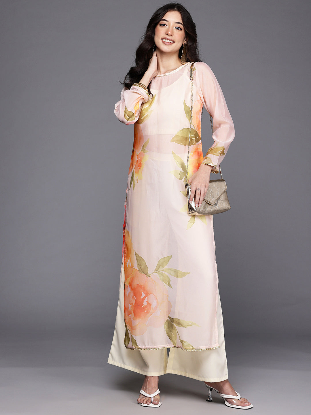 Womens Off White Organza Fusion Kurta Sets-AHKUPZTP-COMBO-1122