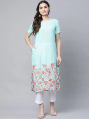 Blue Floral Printed Gotta Patti Kurta-AHKURYDD-1043