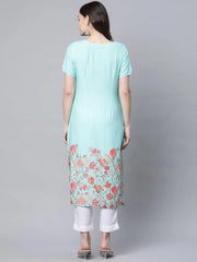 Blue Floral Printed Gotta Patti Kurta-AHKURYDD-1043