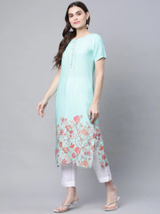 Blue Floral Printed Gotta Patti Kurta-AHKURYDD-1043