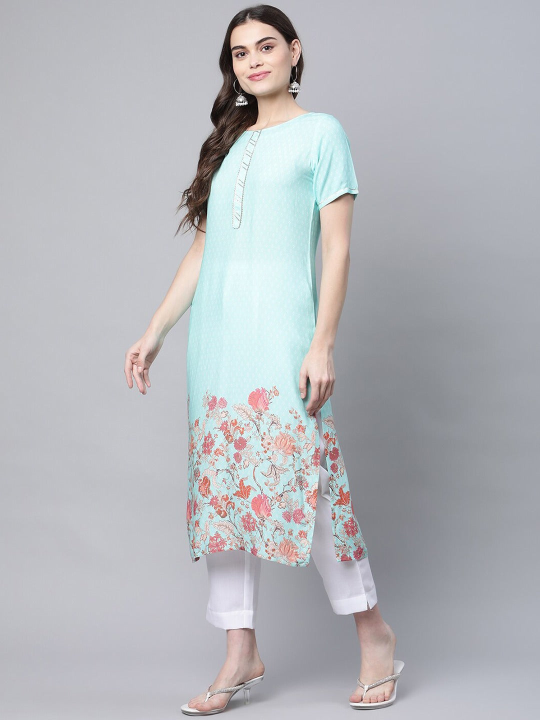 Blue Floral Printed Indian Kurta | Viscose Kurti for Women