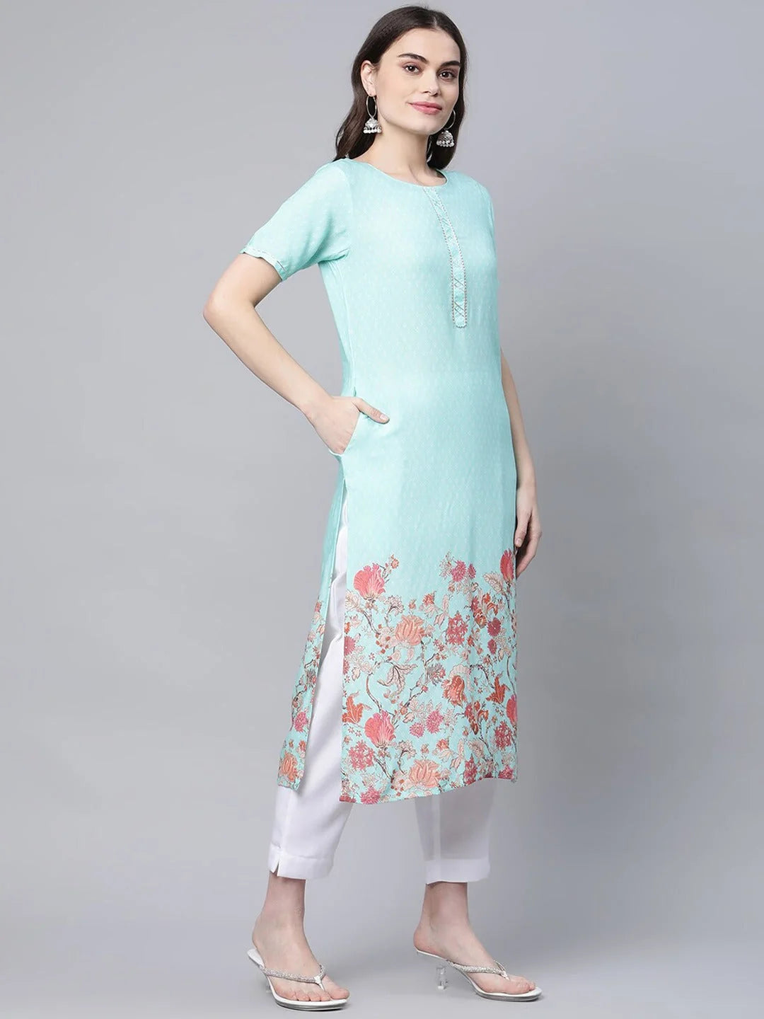 Blue Floral Printed Indian Kurta | Viscose Kurti for Women