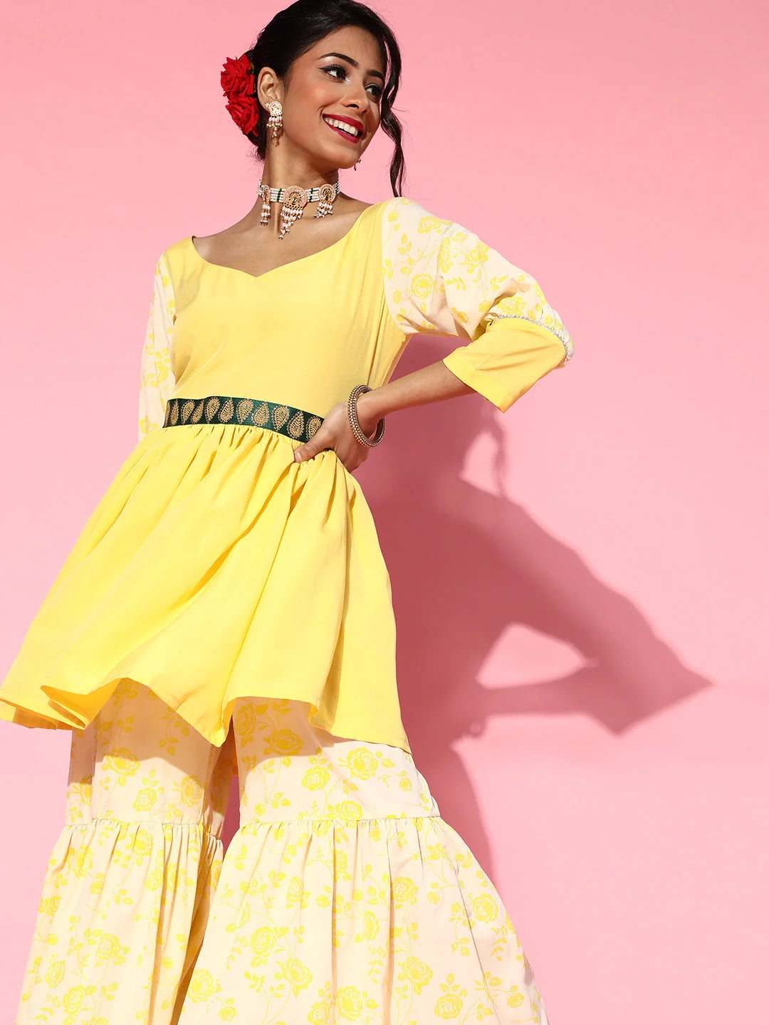 Yellow Floral Print Sharara Set | Women's Garara Pants Outfit